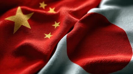 Flags of China and Japan intertwined, showcasing their rich cultural heritage and complex history in a vibrant display
