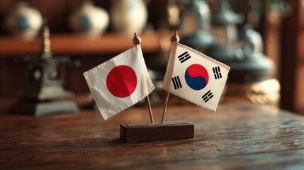 Flags of Japan and South Korea displayed together on a wooden table in a traditional setting
