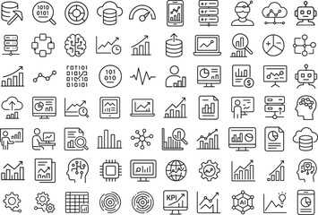 Set of outline data analysis icons containing database, information processing, marketing strategy, machine learning and dashboard elements