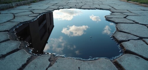 Dark puddle on cracked pavement reflects blue sky with white clouds. Water fills hole in broken concrete road surface. contrasts with nature beauty. Cloudy sky mirrored in still puddle water. Broken