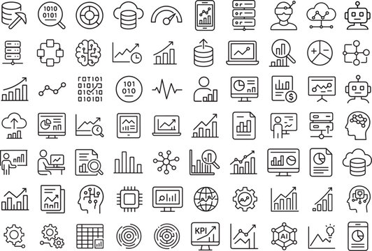 Set of outline data analysis icons containing database, information processing, marketing strategy, machine learning and dashboard elements