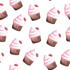 seamless pattern of cupcakes with strawberry, watercolor hand painted elements on white background