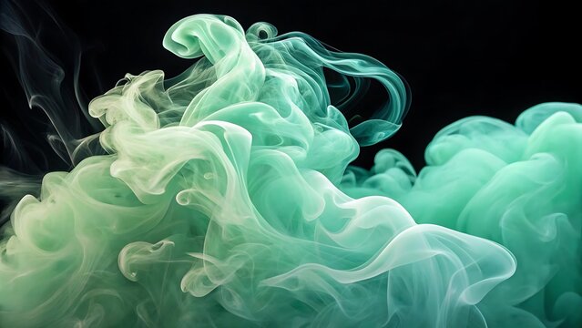 Abstract image of swirling green and white smoke against a dark black background creating a dreamy effect - Powered by Adobe