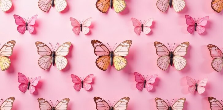 Pink background, adorable butterflies forming seamless repeat pattern , texture, art