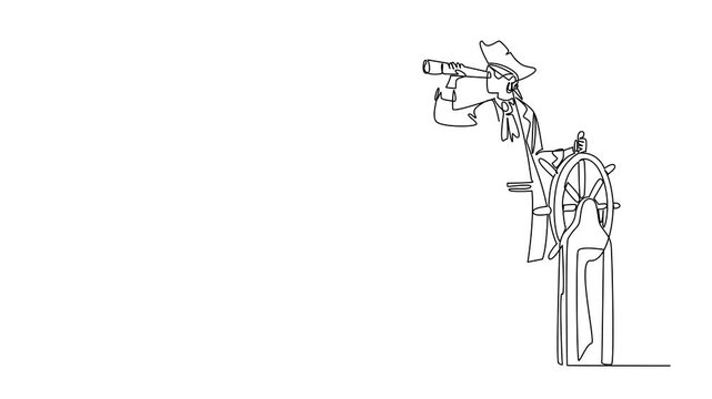 Animation of single continuous line drawing pirate stands holds steering wheel uses monocular to monitoring. Observing navigation. Leading to gold. Do not Give Up the Ship Day. Full length motion