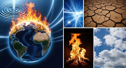 Collage of earth on fire cracked dry earth flames lightning and clouds symbolizing climate change and environmental issues