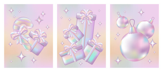 3d holographic Merry Christmas Poster or banner set with Pink Chrome Candy Cane, Gift box, Baubles in Y2K style. Christmas element for Retail, Shopping or Christmas Promotion. 3D chrome bubble art.
