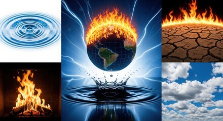 Collage of earth s elements contrasting water fire drought and sky representing climate change