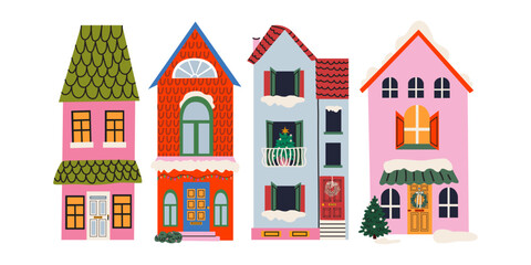 Winter holiday Christmas houses in cartoon groovy style with decorations, festive wreaths, snow, garland and Christmas tree. Cozy winter outside retro house interior. Vector illustrations