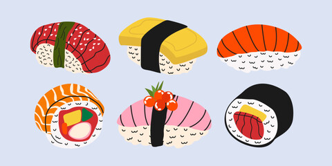 Traditional Asian food cartoon stickers set. Sushi rolls with rice, salmon, tuna, caviar, fish and seaweed. Collection of Asian food icons. Vector illustrations