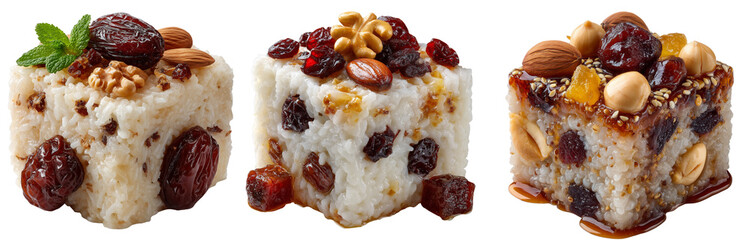 Yaksik sweet rice dessert with chestnuts and jujube, block shape, isolated on transparent
