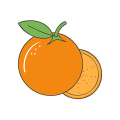Illustration of vibrant orange fruit with stem, leaf and slice isolated