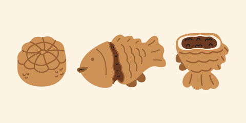 Traditional Asian sweets in cartoon doodle style. Japanese traditional desserts, taiyaki. Vector illustration in flat style