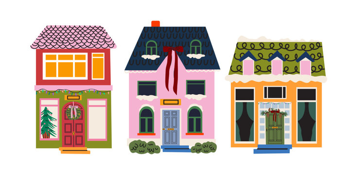 Winter holiday Christmas houses in cartoon groovy style with decorations, festive wreaths, snow, garland and Christmas tree. Cozy winter outside retro house interior. Vector illustrations