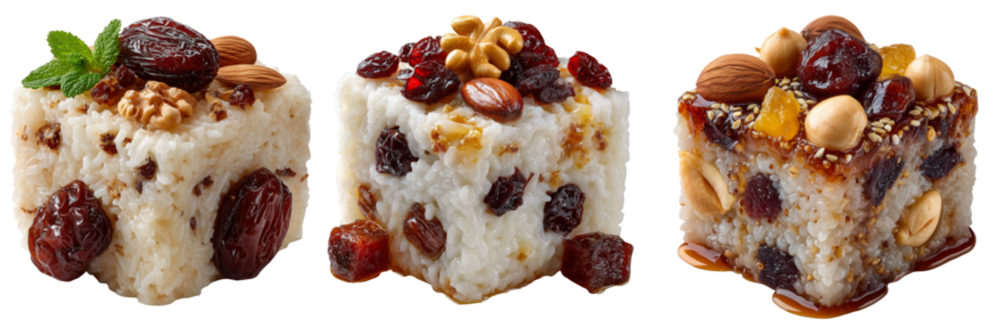 Yaksik sweet rice dessert with chestnuts and jujube, block shape, isolated on transparent