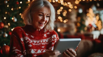 Cheerful elderly woman in Christmas sweater chatting with relatives during video call against decorated Christmas tree - Powered by Adobe