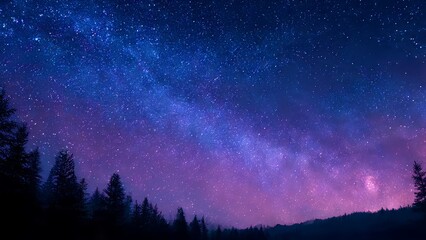 A vibrant Milky Way galaxy stretches across a deep blue and purple night sky above a silhouetted evergreen forest