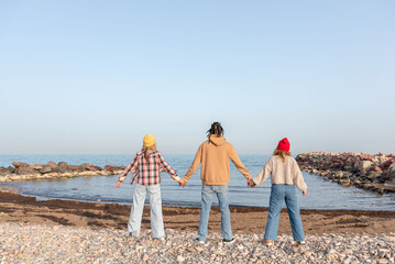 Rear view of Three friends holding hands enjoying the view of the sea on a sunny day at the beach