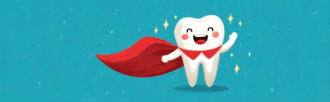 Happy tooth character with a cape celebrating dental health in a colorful background