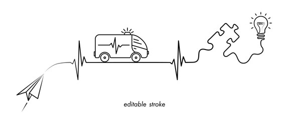 Medical care concept illustration with ambulance truck, ekg line, paper plane, lightbulb, puzzle. Abstract health care concept design to use for medical emergency, medical care projects.