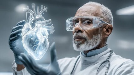 An elderly black doctor wearing glasses and holding a holographic heart in his hands examines it. Medical technology, cardiology, augmented reality. - Powered by Adobe