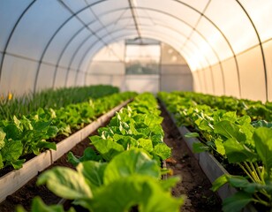 Inside view of an enclosed greenhouse filled with lush green plants
