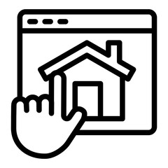 Hand pointer on website with house line icon, work from home concept, remote job vector sign on white background, outline style icon mobile concept web design. Vector graphics.