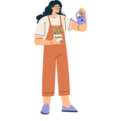 Flat Illustration Of A Woman In Overalls Watering A Potted Plant With A Watering Can White Background