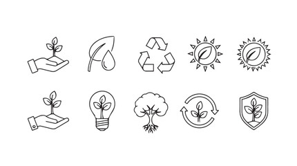 Collection of hand-drawn eco-friendly icons symbolizing growth sustainability and nature silhouette