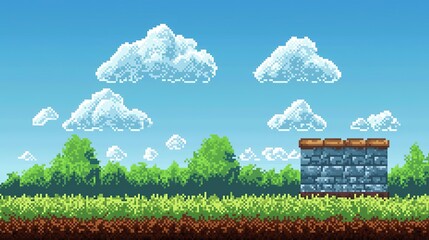 8-bit pixel art background with sky, clouds, and grass for video game side-scrollers, vector flat design in simple shapes.