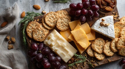 A cheese board and crackers flat lay, neutral background