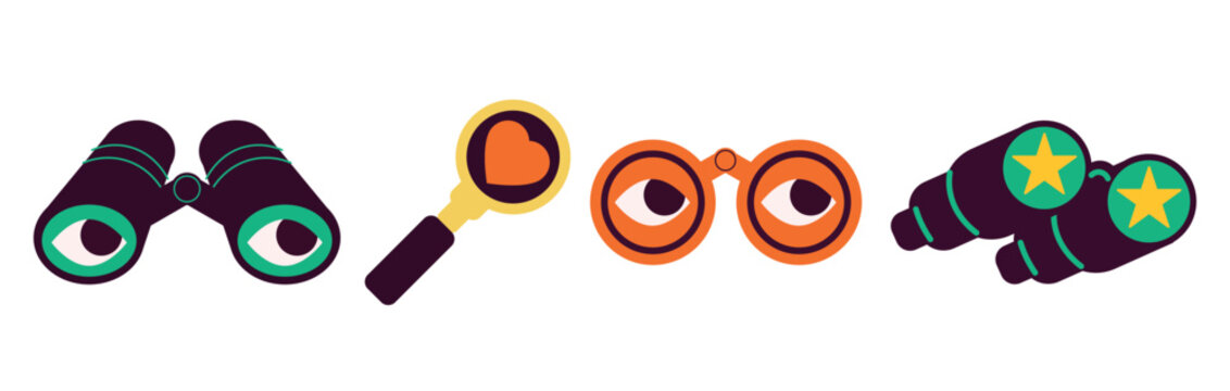 Set of binoculars and magnifying glass in cartoon style. Vector illustration of binoculars with eyes, stars, magnifying glass and heart isolated on white background.Search devices for distance vision.