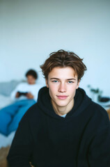 Young man in casual hoodie playing video games at home on bed with relaxed expression
