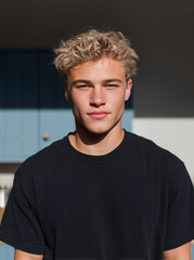 Young man in black T shirt standing in sunlit kitchen interior confident casual portrait with strong natural light