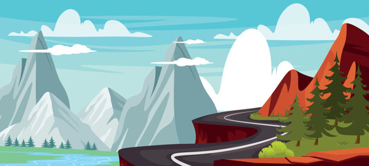 Vector illustration of a wonderful landscape with a winding cliff road. Cartoon scene of a dangerous curvy asphalt road, cliff, high mountains, rocks, fir trees, river, bushes, grass, blue sky, clouds