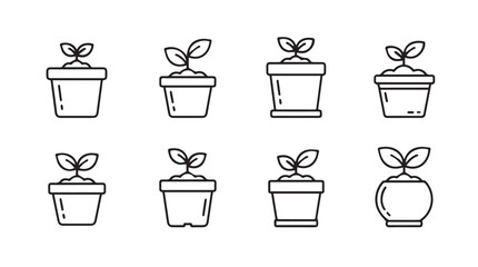 Set of hand drawn seedling icons in pots representing growth and gardening concepts silhouette