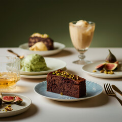 Matcha layer cake with iced coffee and dessert snacks on wooden table in modern café
