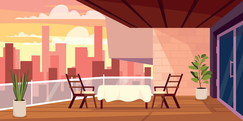 Vector illustration of a wonderful sunset, cozy balcony, table, chairs. Cartoon scene of cityscape, balcony of multi-storey building, table, chairs, flower pots, city view, silhouettes of houses.