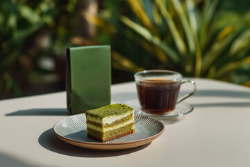 Matcha layer cake with iced coffee and dessert snacks on wooden table in modern café
