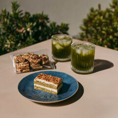 Matcha layer cake with iced coffee and dessert snacks on wooden table in modern café
