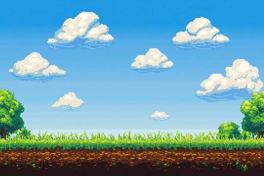 Simple 8-bit pixel art background with flat blue sky, clouds, dirt, and grass for retro gaming designs. - Powered by Adobe