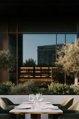 Elegant restaurant table by large window with city view, two glasses of red wine and fine dining place settings in modern urban bistro interior at golden hour