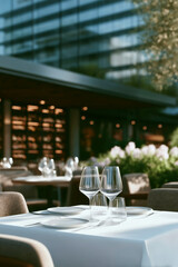 Elegant restaurant table by large window with city view, two glasses of red wine and fine dining place settings in modern urban bistro interior at golden hour