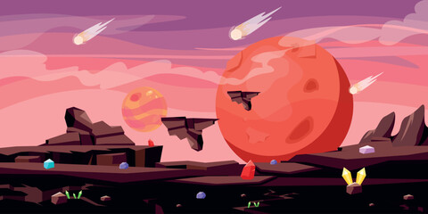 Vector illustration of a wonderful space landscape. Cartoon scene, view from space with mountain surface, rocks, cracks in the ground, falling solid space object, big planets, cloudy sky. Outer space.