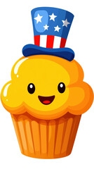 Happy cupcake with patriotic hat, cute dessert character with bright colors