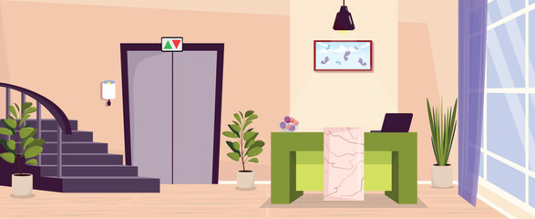 Vector illustration of a lobby interior inside an establishment. Cartoon scene of a lobby of a house, first floor, stairs, reception, table with a bowl of sweets, laptop, flower pots, elevator, lamps.