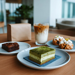 Matcha layer cake with iced coffee and dessert snacks on wooden table in modern café
