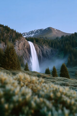 Powerful mountain waterfall flowing through forest valley with scenic natural landscape
