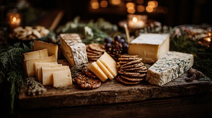 A rustic festive cheese board with fruits, herbs, and nuts, artistic styling