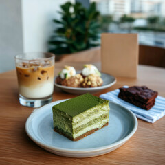 Matcha layer cake with iced coffee and dessert snacks on wooden table in modern café

